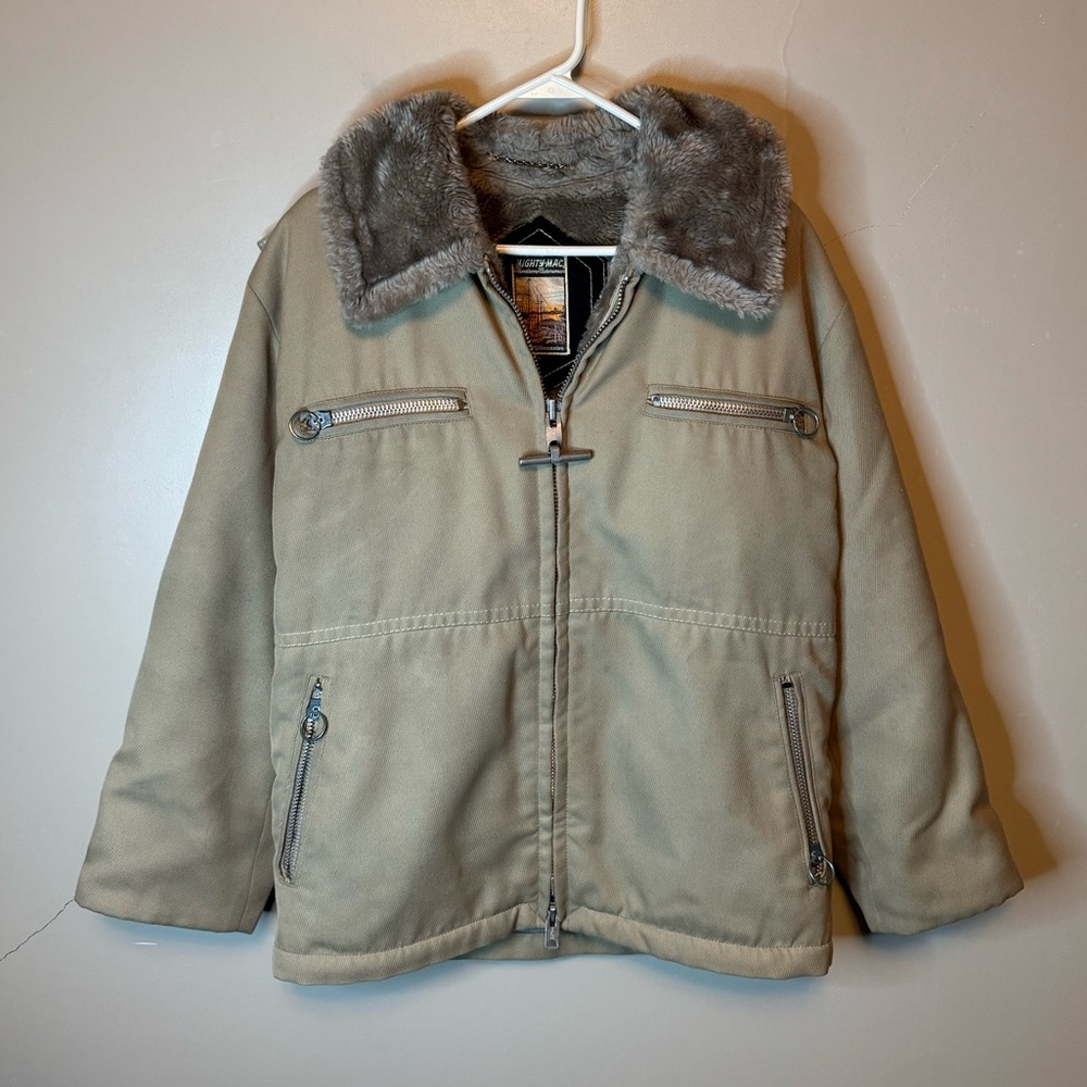 Vintage 70's Mighty Mac Out Of Gloucester Fur
Lined Tan Beige Full Zip Jacket